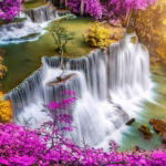 03.02.009 waterval met roze bloemen liggend