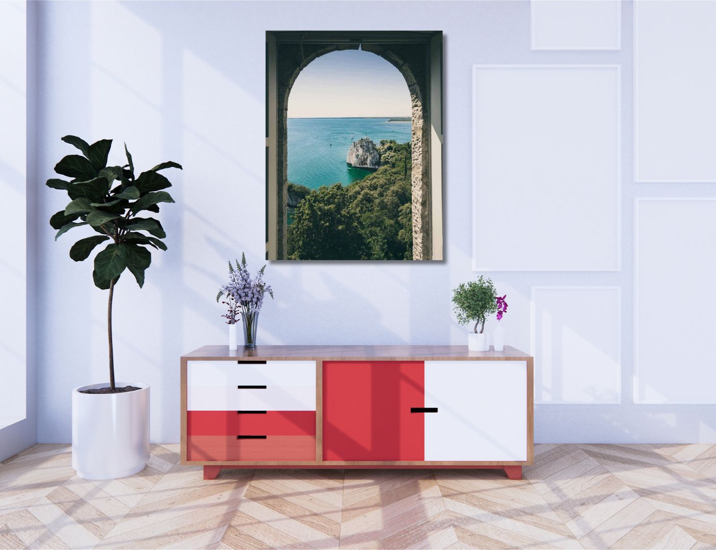 04.01.023 boogvenster met uitzicht op zee woonkamer sfeer staand